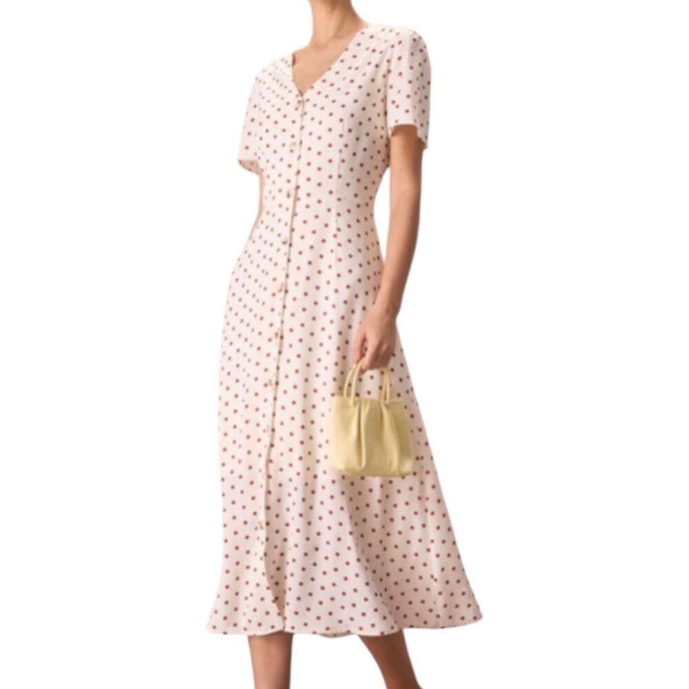 Rihoas Satin Midi Dress Fit Flare Polka Dot V Neck Button Front Red Cream XS NWT